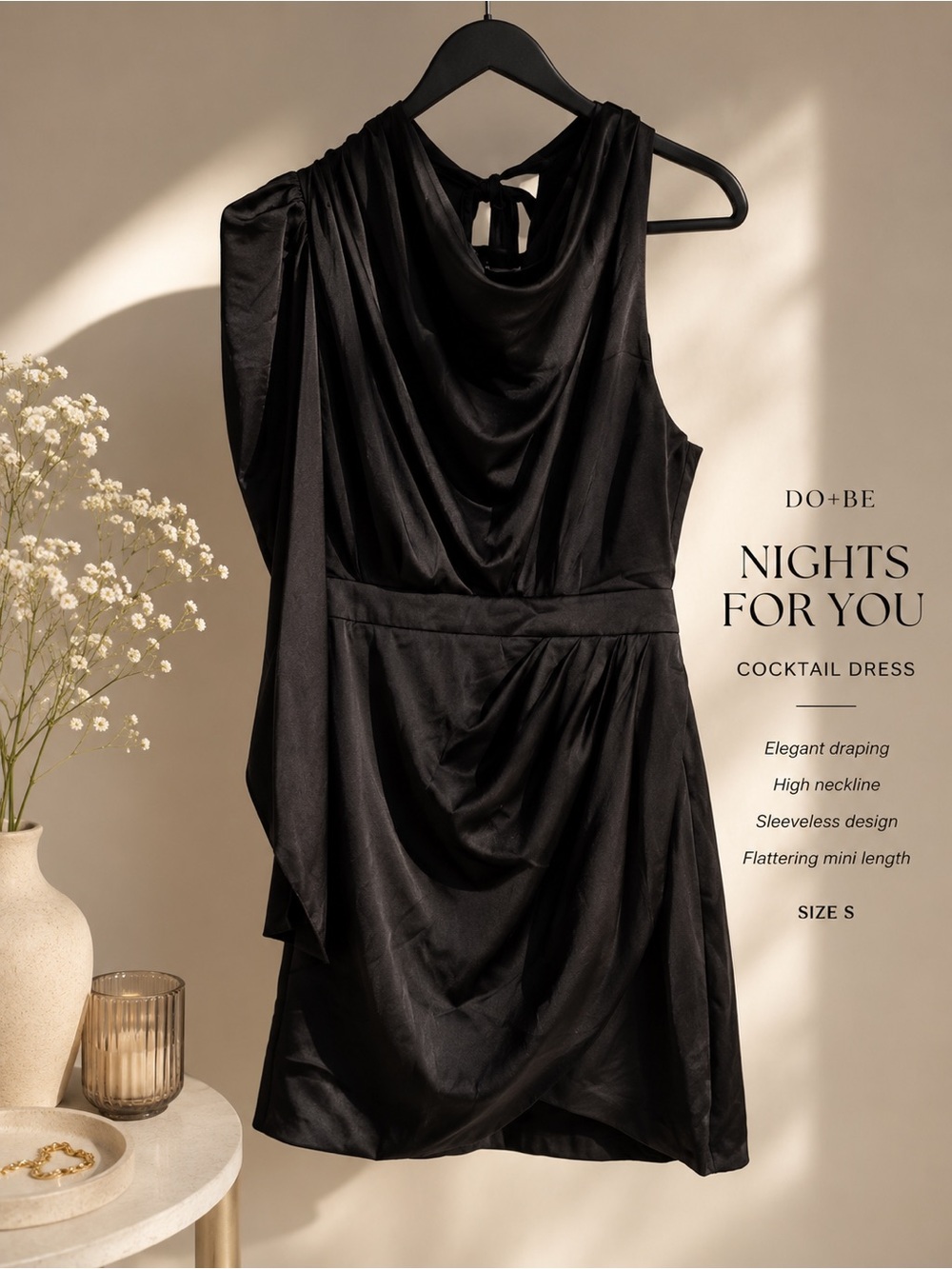 DO+BE Black Asymmetric Draped Mini Dress